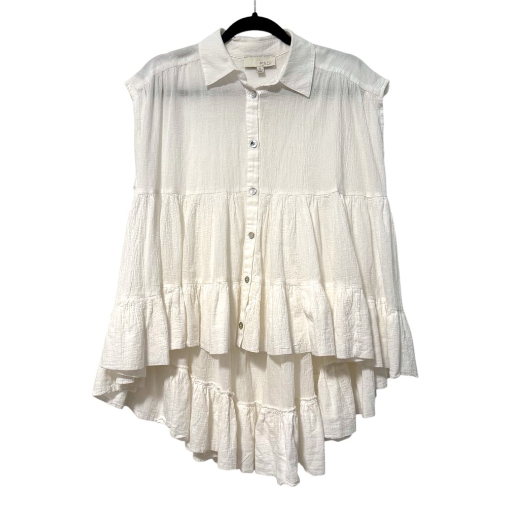 Pinch Tierred Button Up Sleeveless Hi Lo Hem Collared Blouse White Size Small